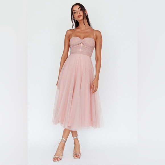 Selfie Leslie SMITTEN LACE INSERT TULLE MIDI DRESS BLUSH NEW! SZXL - Picture 10 of 15